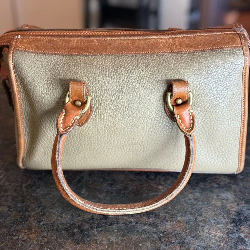 Vintage Dooney & Bourke Olive Green and Brown Leather Satchel with Brass Accents